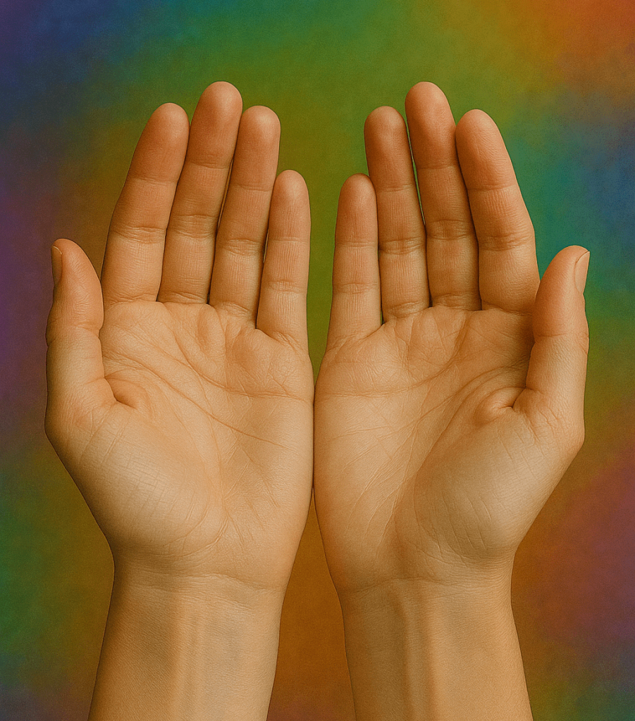 Reiki healing hands with colorful aura energy — symbol of balance and relaxation at our salon