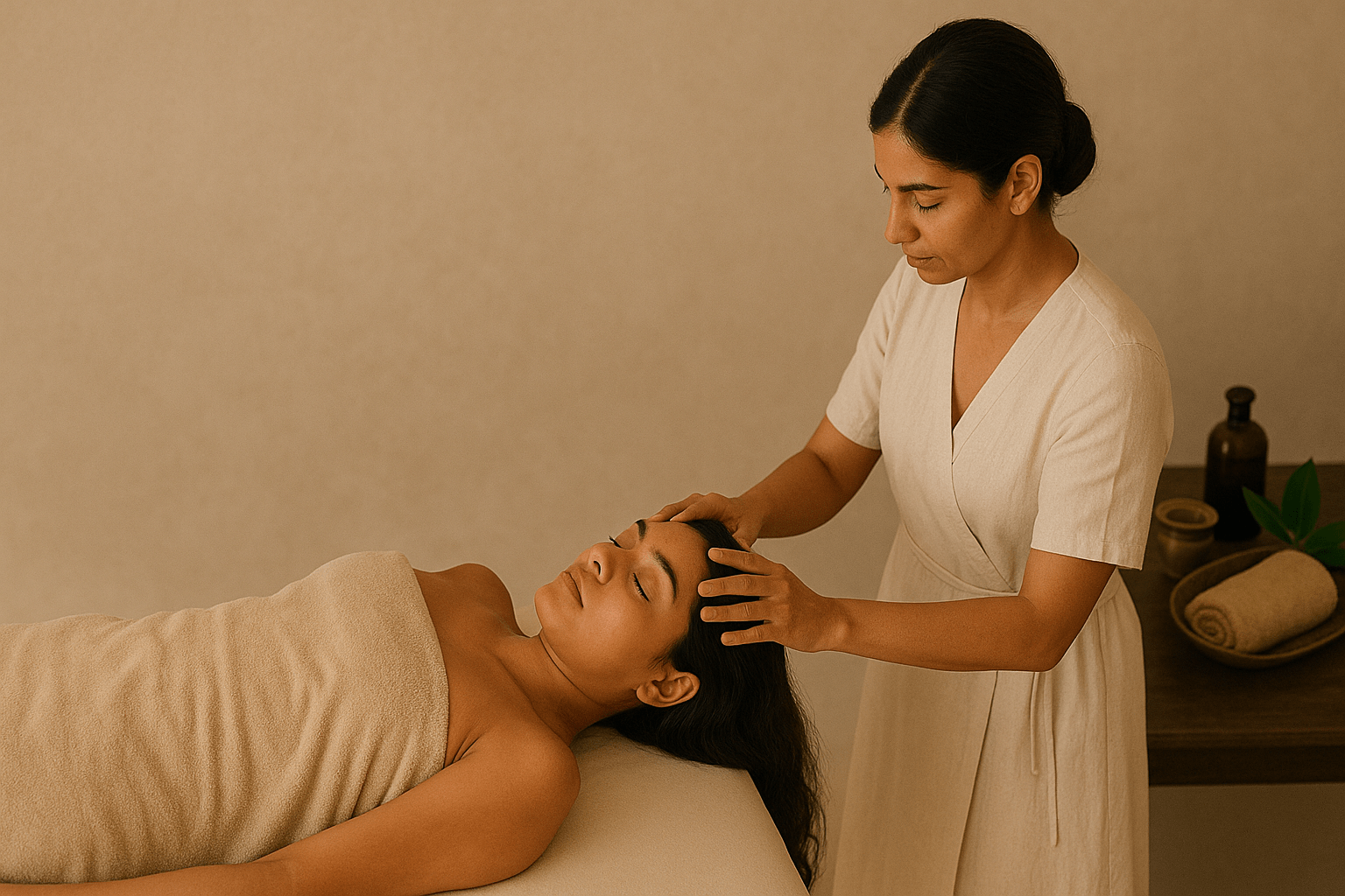 Woman lying on a massage table while a therapist performs an Indian head massage.