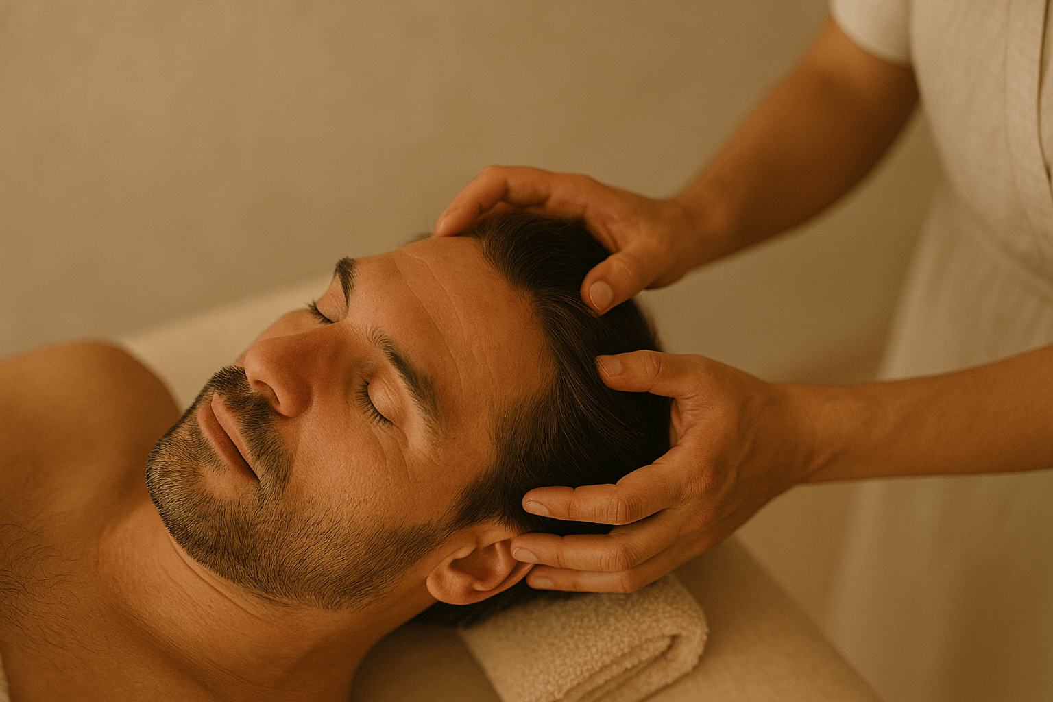 Close-up of a man receiving an Indian head massage, therapist’s hands positioned along the temples