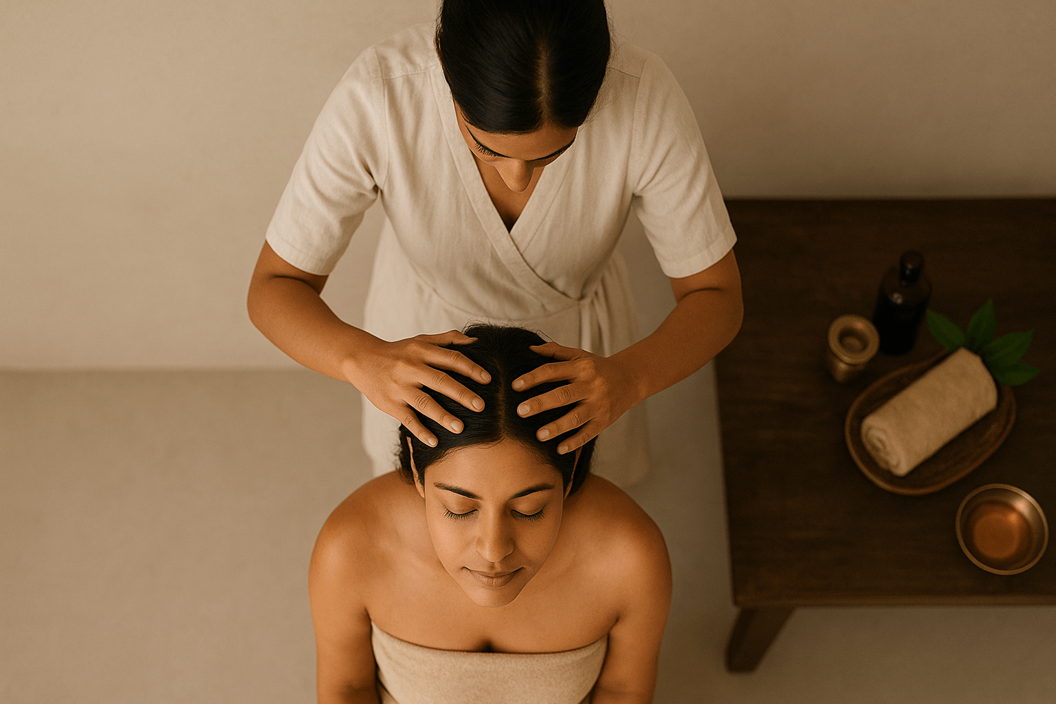 Top-down view of a woman receiving an Indian head massage, therapist’s hands on the scalp