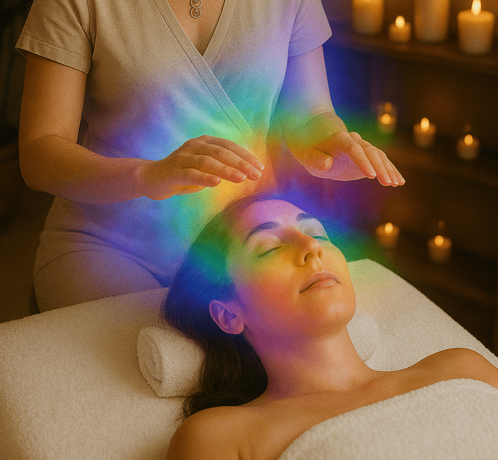 Reiki practitioner channeling rainbow aura over client — Dublin Reiki healing session
