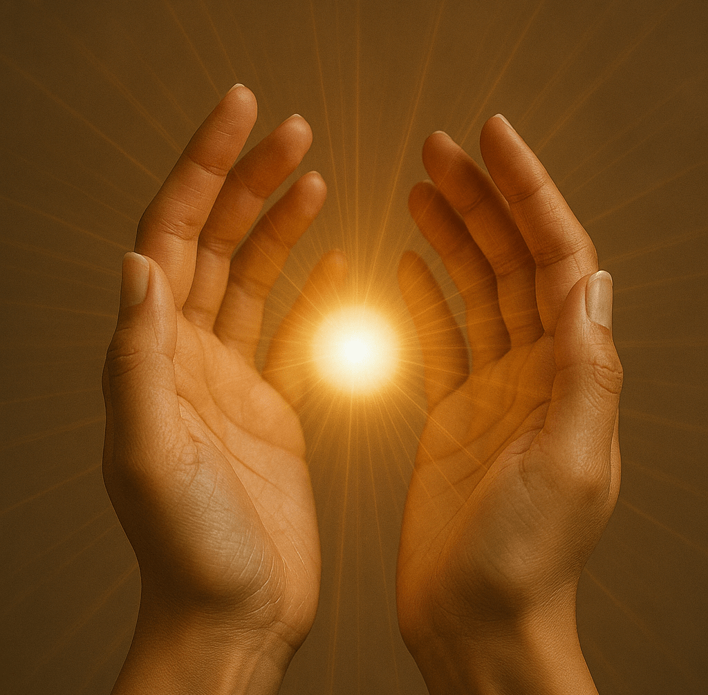 Two female hands cupping a glowing aura — Reiki healing light, Dublin 8