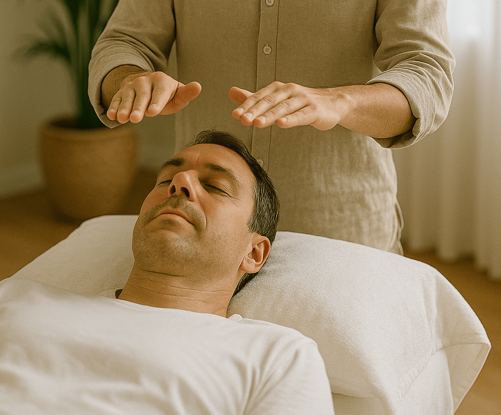Dublin Reiki therapy — male client receiving hands-off energy healing and relaxation