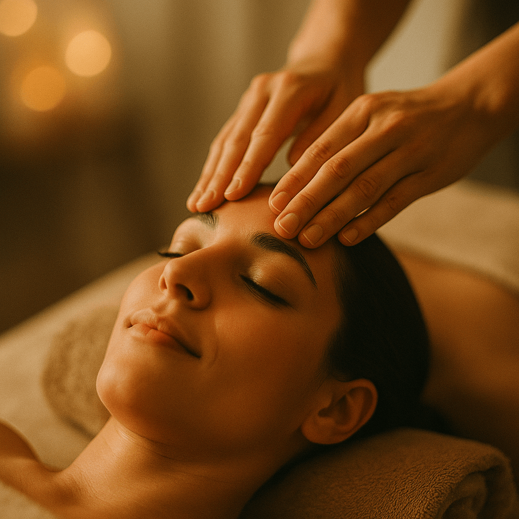 Relaxing massage Dublin — side-angle view of therapist easing shoulder tension in a warm spa.