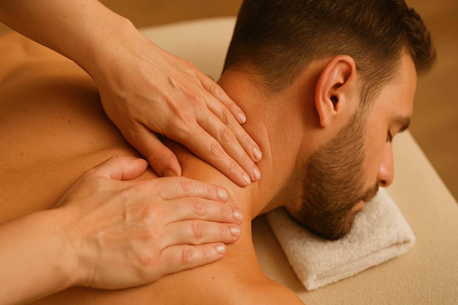 Smiling client enjoying post-massage relaxation with herbal tea after a back, neck, and shoulder massage session at Healing Massage & Reiki Salon Dublin.