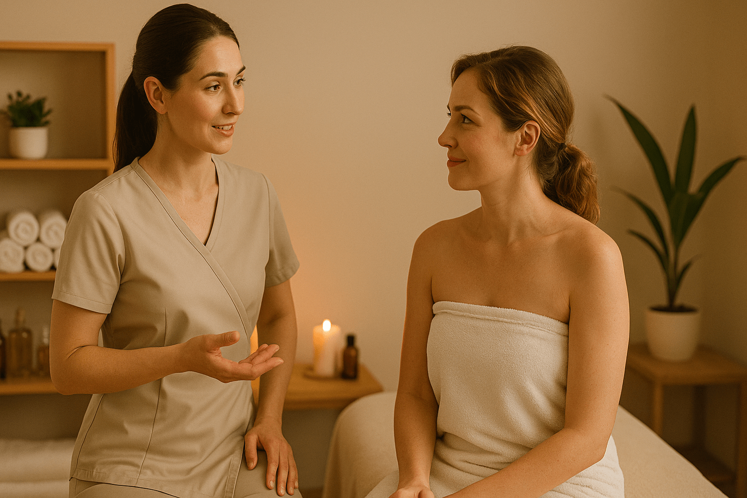 Massage therapist consulting with a female client before a back, neck, and shoulder massage session at Healing Massage & Reiki Salon Dublin.