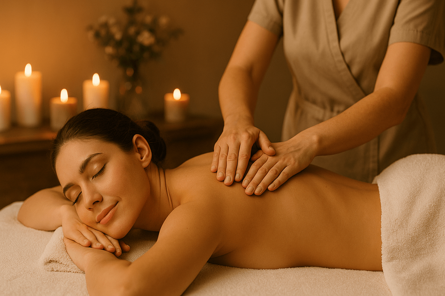 A woman relaxing with eyes closed during a therapeutic massage session in a softly lit Dublin spa with warm candlelight.