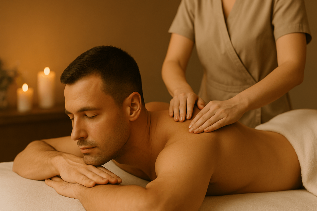 A man receiving a relaxing therapeutic body massage in a Dublin wellness salon, highlighting calmness and professional care.